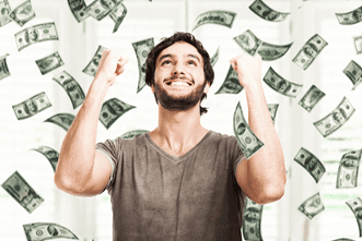 man smiling with falling money
