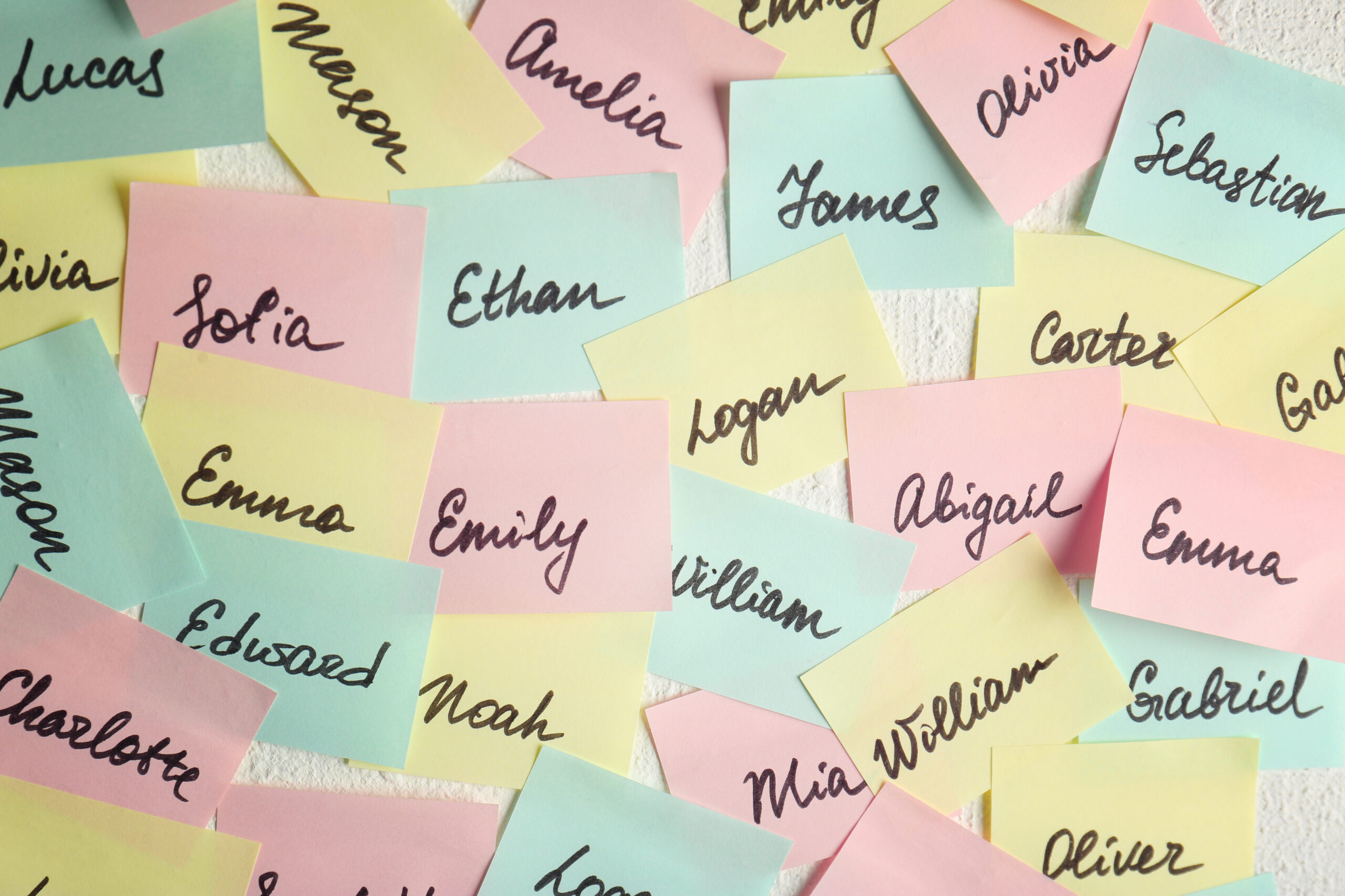 Closeup,Of,Paper,Stickers,With,Different,Names,On,White,Wall.
